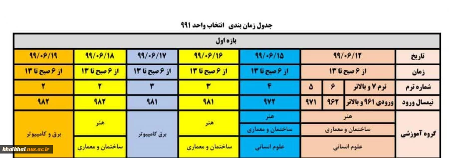 بازه انتخاب واحد 991 2