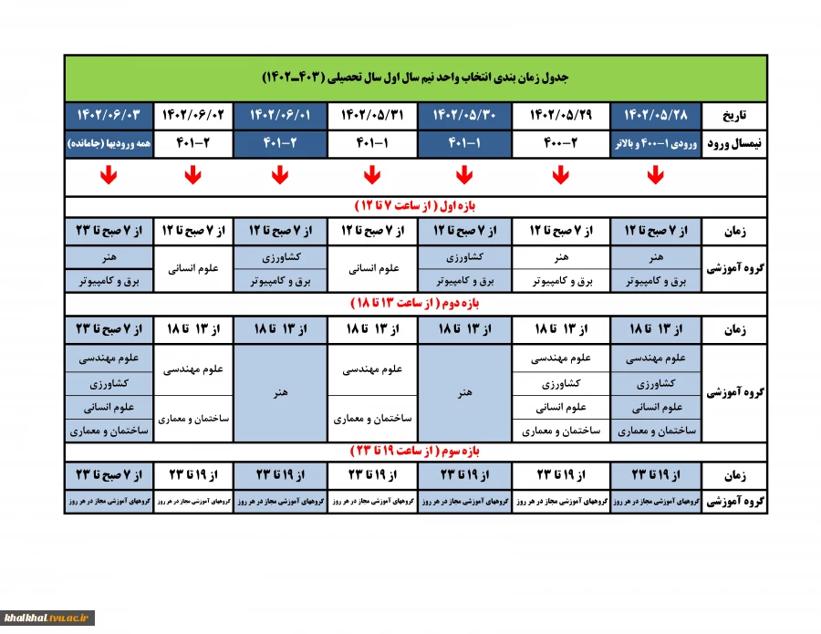 اطلاعیه فوری-جدول زمان بندی انتخاب واحد و حذف و اضافه نیمسال اول سال تحصیلی 1403-1402 (021)، به تفکیک گروه های آموزشی مختلف ملزومات انتخاب واحد/طبق جدول زمانبندی انتخاب واحد اقدام گردد. 2